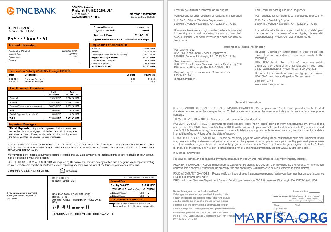 Realistic USA PNC bank mortgage statement in Word and PDF formats real example